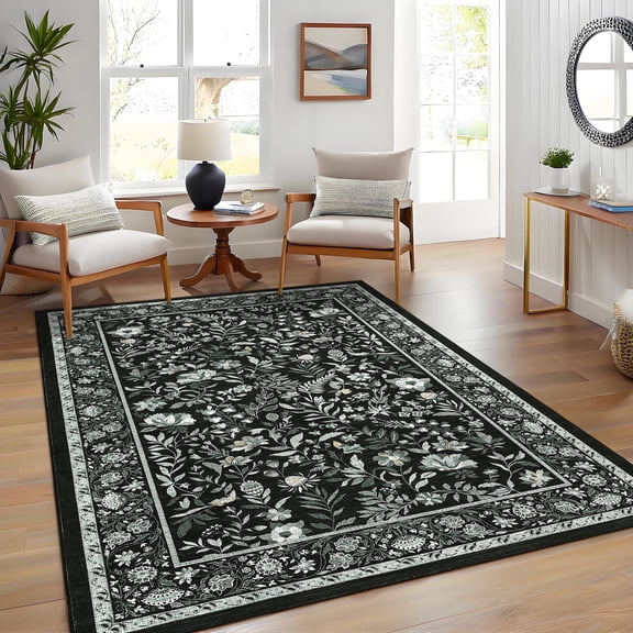 Tzou Floral Washable Area Rugs for Living Room, 6x9ft Vintage Non-Slip Boho Carpet, Soft Stain-Resistant Indoor Rug for Bedroom, Office(Black)