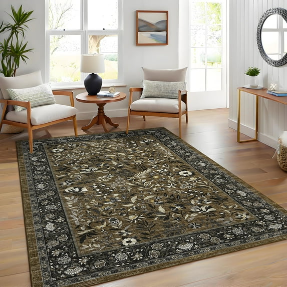 Tzou Floral Washable Area Rugs for Living Room, 6x9ft Vintage Non-Slip Boho Carpet, Soft Stain-Resistant Indoor Rug for Bedroom, Office(Brown)