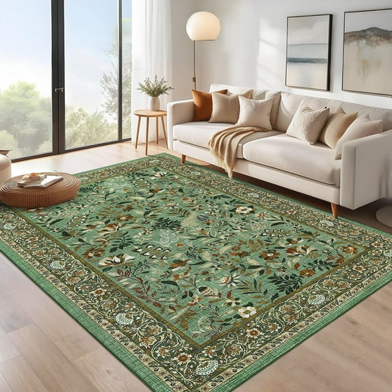 Tzou Floral Washable Area Rugs for Living Room, 6x9ft Vintage Non-Slip Boho Carpet, Soft Stain-Resistant Indoor Rug for Bedroom, Office(Light Green)