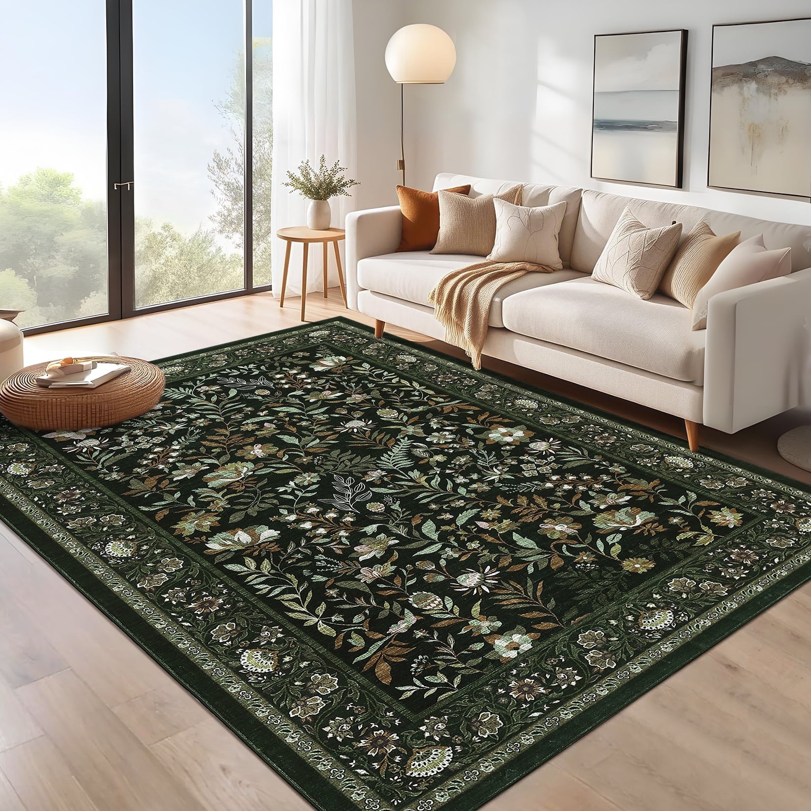 Tzou Floral Washable Area Rugs for Living Room, 8x10ft Vintage Non-Slip Boho Carpet, Soft Stain-Resistant Indoor Rug for Bedroom, Office(Dark Green)