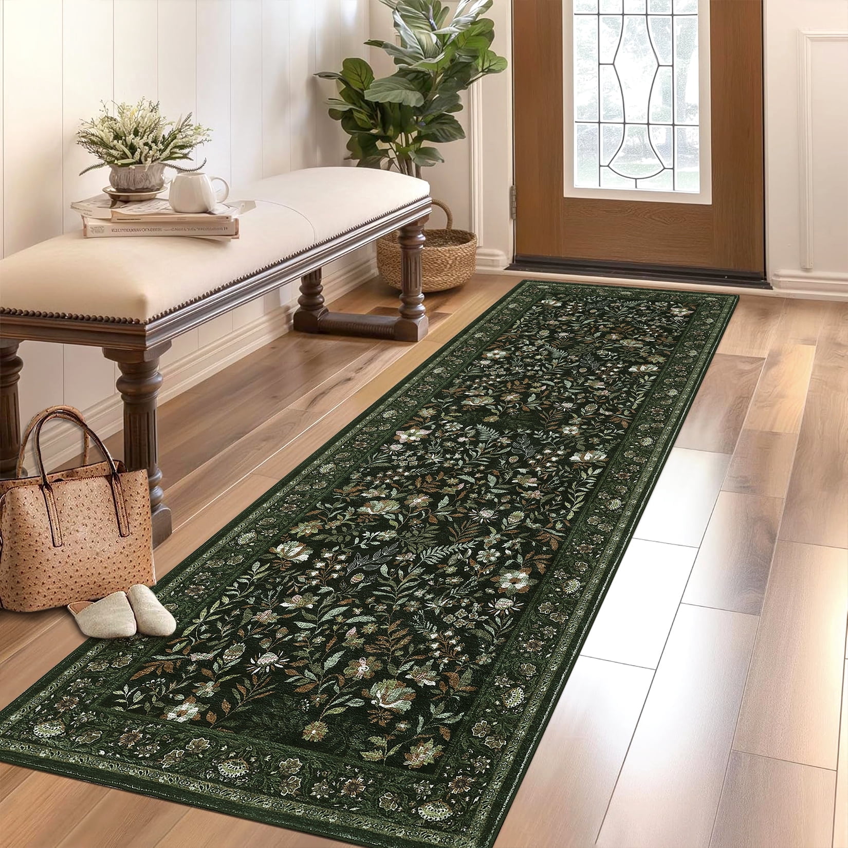Tzou Floral Washable Runner Rugs for Living Room, 2x6ft Vintage Non-Slip Boho Carpet, Soft Stain-Resistant Indoor Rug for Bedroom, Office(Dark Green)