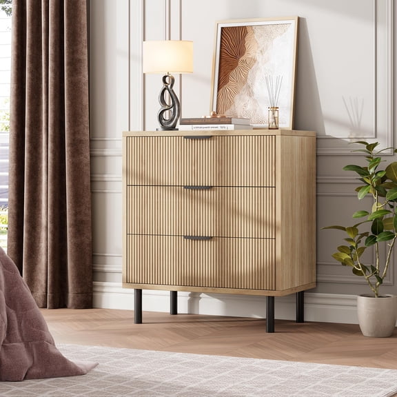 Tzou Fluted 3-Drawer Dresser w/ Metal Legs & Anti-Tip - 27.6" Wide Modern Wood Chest, Textured Storage Organizer for Bedroom/Living Room