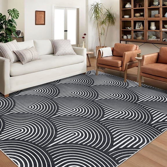 Tzou Geometric Modern Area Rug 7' x 5', Contemporary Lines Living Room Carpet Non-Slip for Office Bedroom Dining Room(Black)