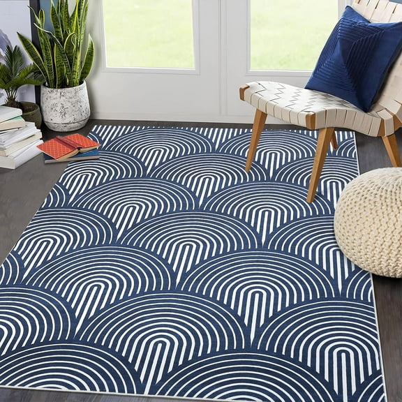 Tzou Geometric Modern Area Rug 7' x 5', Contemporary Lines Living Room Carpet Non-Slip for Office Bedroom Dining Room(Blue)