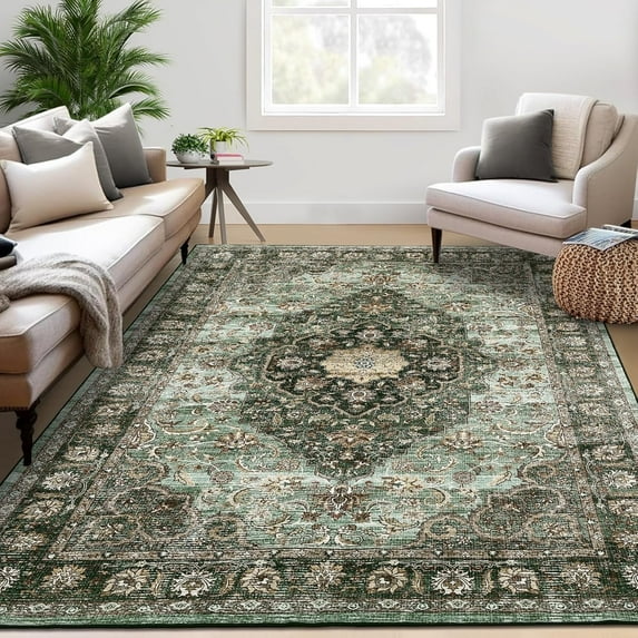 Tzou Green 5x7 Area Rugs for Living Room, Vintage Washable Low Pile Carpet with Non-Slip Rubber Backing for Bedroom Dining Room