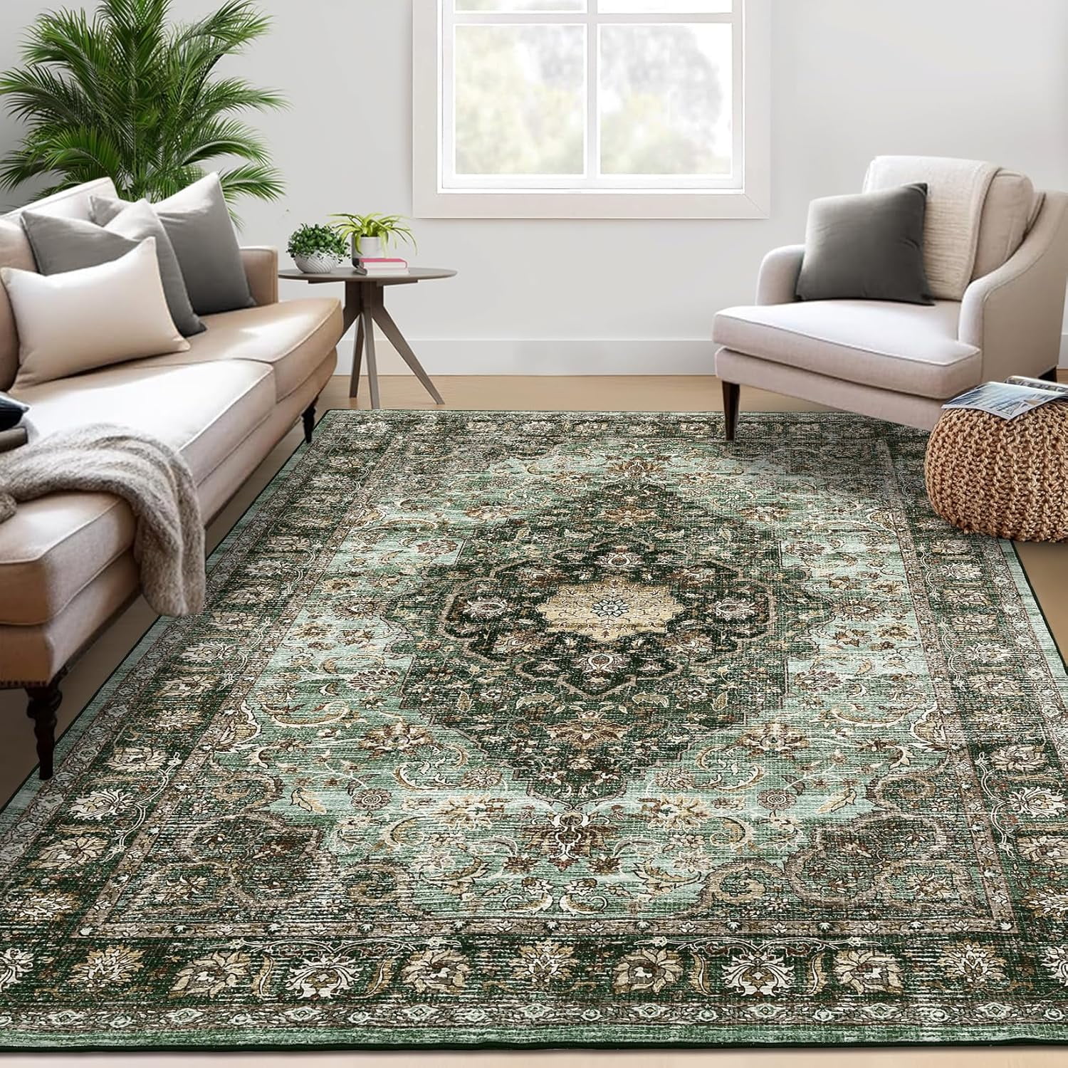 Green 9' x 12' Vintage Floral Washable Area Rug