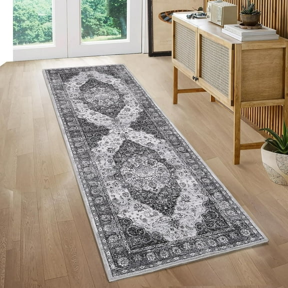 Tzou Gray 2x6 Runner Rugs for Living Room, Vintage Washable Low Pile Carpet with Non-Slip Rubber Backing for Kitchen Hallway Entryway