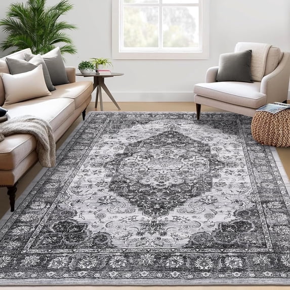 Tzou Gray 9x12 Area Rugs for Living Room, Vintage Washable Low Pile Carpet with Non-Slip Rubber Backing for Playroom