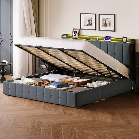 Tzou King Upholstered Storage Bed Frame - Hydraulic Lift Platform w/ Velvet Headboard & Wooden Slats & LED Lights, Under-Bed Storage, Noise-Free, No Box Spring Needed