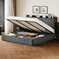 Tzou King Upholstered Storage Bed Frame - Hydraulic Lift Platform w/ Velvet Headboard & Wooden Slats, Under-Bed Storage, Noise-Free, No Box Spring Needed