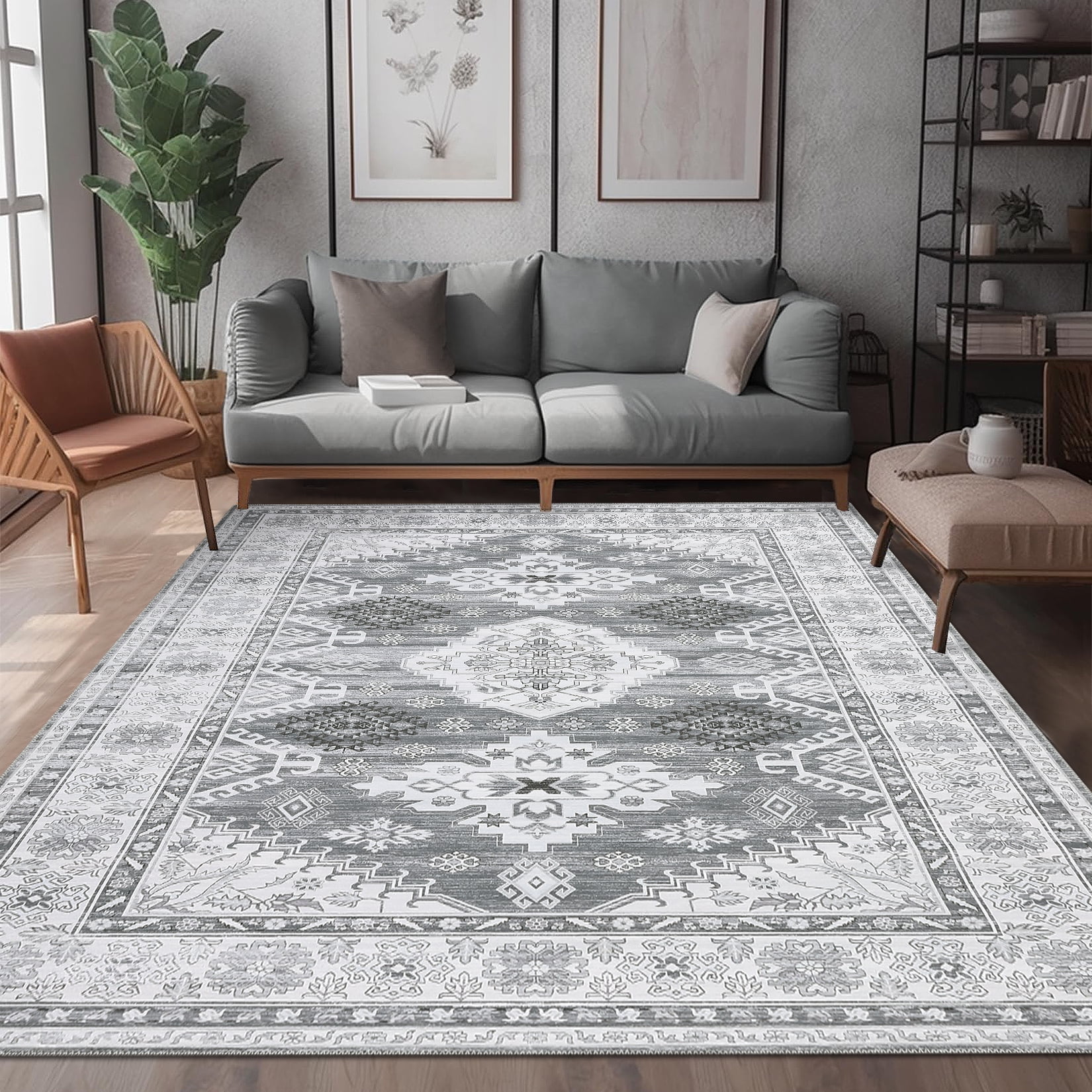 Gray 9' x 12' Vintage Distressed Washable Area Rug