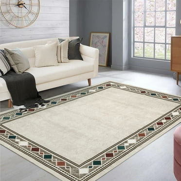 Tzou Large Elegant Geometric Border Area Rugs 8x10, Super Soft Washable Carpet for Living Room Bedroom, Low Pile, Beige