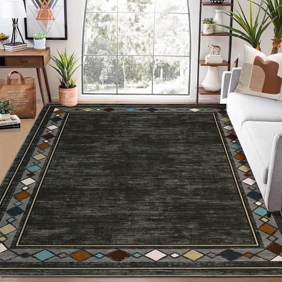 Tzou Large Elegant Geometric Border Area Rugs 8x10, Super Soft Washable Carpet for Living Room Bedroom, Low Pile, Dark Brown