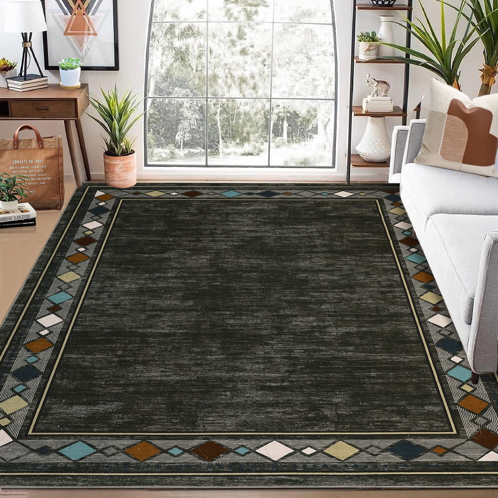Tzou Large Elegant Geometric Border Area Rugs 9x12, Super Soft Washable ...