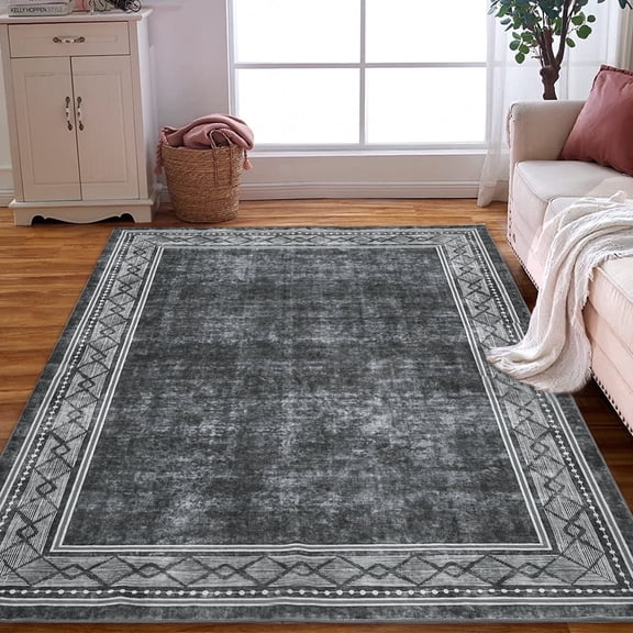 Tzou Large Elegant Geometric Border Area Rugs 9x12, Super Soft Washable Carpet for Living Room, Low Pile, Dark Gray