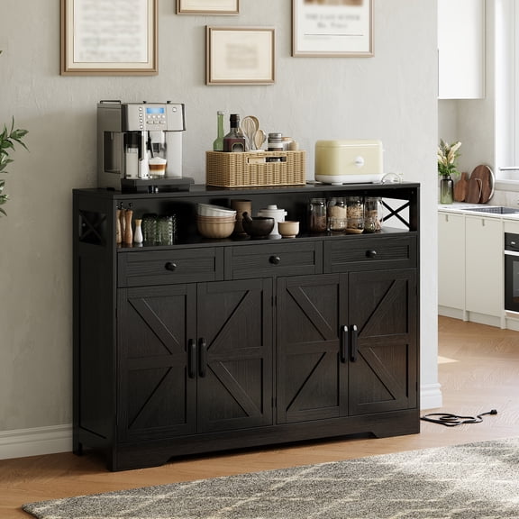 Tzou Large Kitchen Storage Cabinet, 51" Modern Farmhouse Buffet Sideboard with Storage and Charging Station, Wood Coffee Bar Cabinet Buffet Table with Open Shelf for Living Room, Dining Room