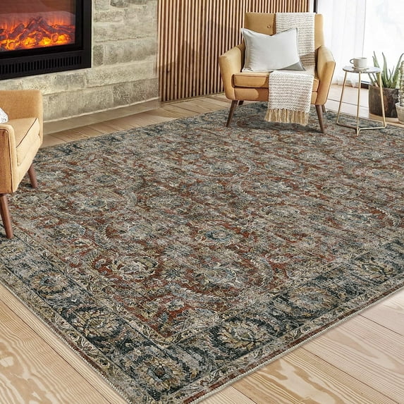 Tzou Large Vintage Area Rugs 9x12 for Dining Room Washable Retro Living Room Carpet with Non-Slip Backing, Low Pile(Red)