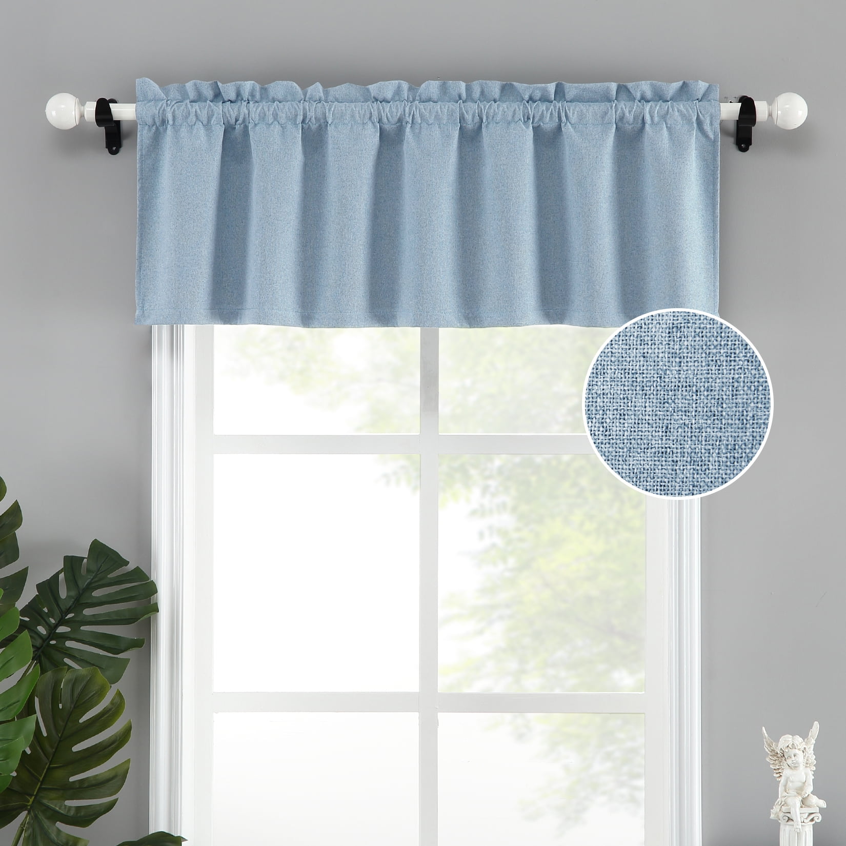 Tzou Light Blue Blackout Curtain Valance, Solid Linen Kitchen Curtain