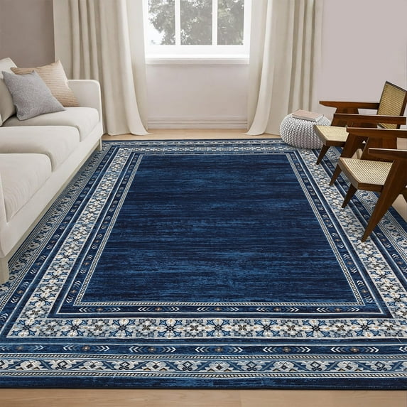 Tzou Machine Washable Area Rug, Non-Slip Modern Pearl Velvet Carpet with Printed Border for Living Room, Bedroom