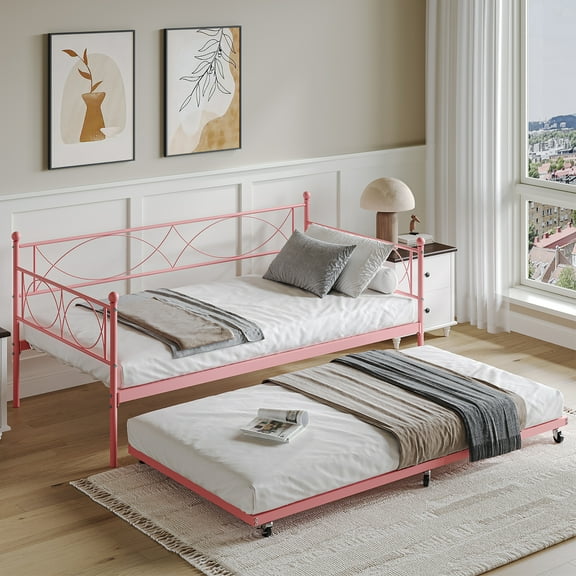 Tzou Metal Twin Daybed with Trundle, 2-in-1 Space-Saving Bed Frame for Guest Room, Living Room, or Dorm