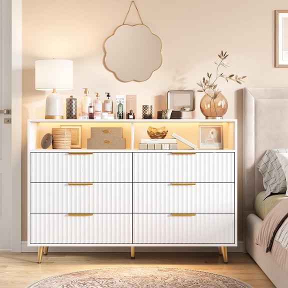 Tzou Modern 6 Drawer Fluted Dresser with LED Lights & Charging Station, Wide Chest with Gold Handles & Open Storage Shelf, White Finish, Bedroom Storage