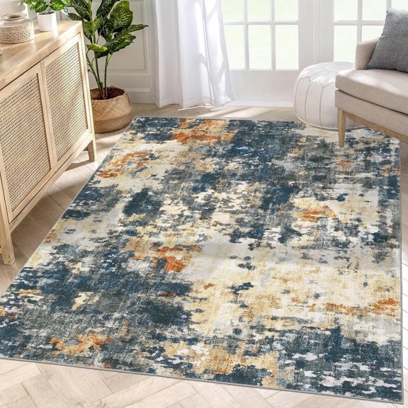 Tzou Modern Abstract Area Rugs 5' x 7' Contemporary Washable Non-Slip Low Pile Indoor Throw Covers Non-Shedding Foldable Living Room Carpet (Navy/Brown)