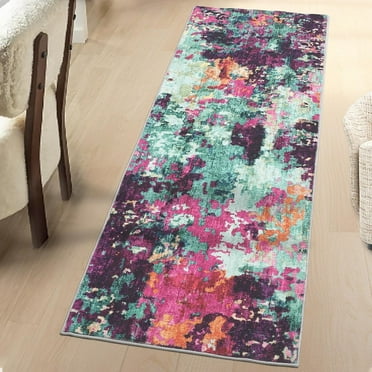 Tzou Modern Abstract Runner Rugs 2' x 6' Contemporary Washable Non-Slip Low Pile Indoor Throw Covers Non-Shedding Foldable Hallway Carpet (Colored)