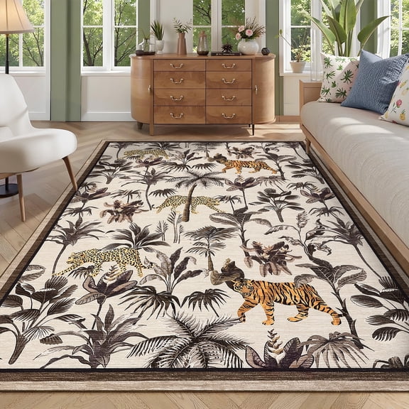 Tzou Modern Animal Print Runner Rug 10' x 13', Brown Non-Slip Washable Low Pile Indoor Carpet for Living Room, Large Stain-Resistant Indoor Floor Mat with Tiger & Floral Design