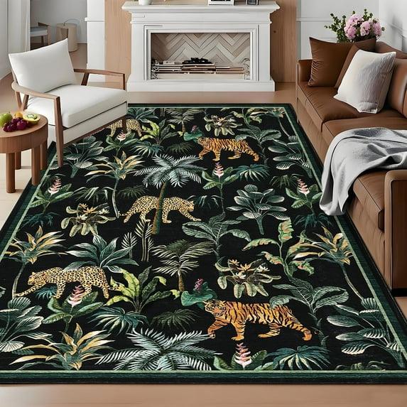 Tzou Modern Animal Print Runner Rug 5' x 7', Black Non-Slip Washable Low Pile Indoor Carpet for Living Room, Stain-Resistant Indoor Floor Mat with Tiger & Floral Design