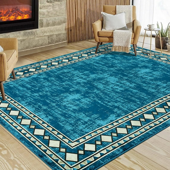 Tzou Modern Bordered 8x10 Non-Slip Washable Area Rugs Large with TPR Rubber Backing for Home Office(Dark Teal, 8' x 10')