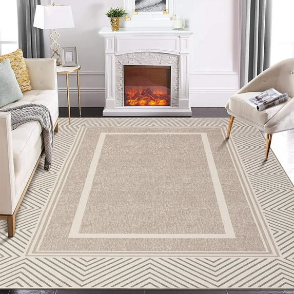 Tzou Modern Bordered Contemporary Line Washable Area Rugs 10'x13' with Anti-Slip TPR Back, Ultra-Thin Carpet for Playroom Home Office(Khaki)