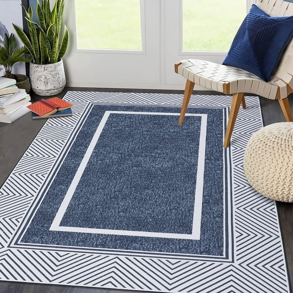 Tzou Modern Bordered Contemporary Line Washable Area Rugs 6'x9' with Anti-Slip TPR Back, Ultra-Thin Carpet for Living Room Bedroom Dining Room(Navy)