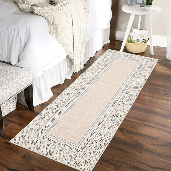 Tzou Modern Bordered Hallway Rugs Indoor, 2x6 Boho Kitchen Non-Slip Washable Ultra-thin Soft Carpet Washable Rugs for Bedroom Living Room(Beige)