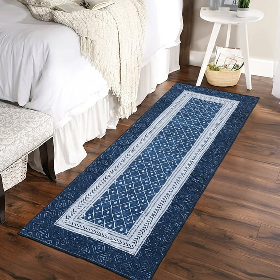 Tzou Modern Bordered Hallway Rugs Indoor, 2x6 Boho Kitchen Non-Slip Washable Ultra-thin Soft Carpet Washable Rugs for Bedroom Living Room(Blue)