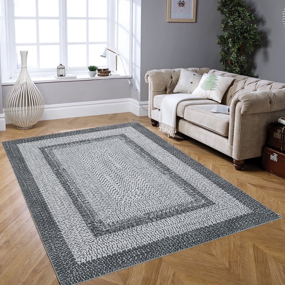 Tzou Modern Braid Print Washable Area Rugs 4x6ft with Anti-Slip TPR Back, Ultra-Thin Carpet for Living Room Bedroom Dining Room