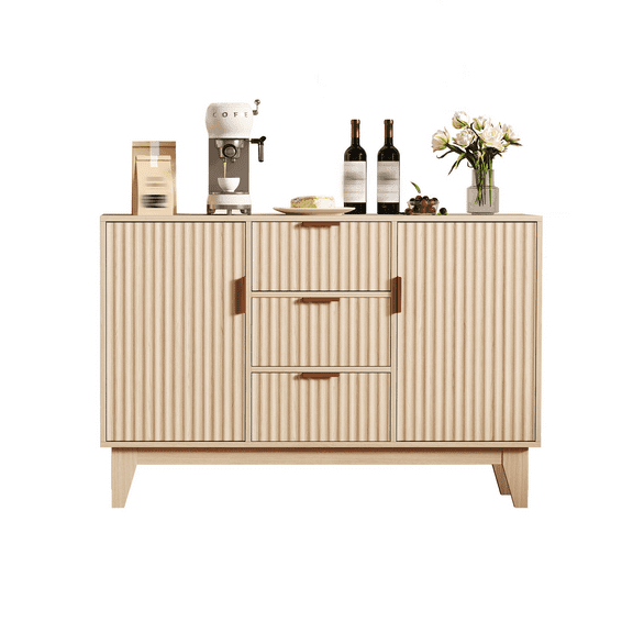 Tzou Modern Fluted Storage Cabinet with 3 Drawers and 2 Doors - Stylish Sideboard Buffet Cabinet with Adjustable Shelves for Living Room, Kitchen, or Entryway, Oak