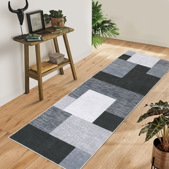 Tzou Modern Geometric Washable Runner Rugs with Non-Slip Backing for Kitchen Laundry Room, Low-Pile, 2ft3inx8ft, Gray