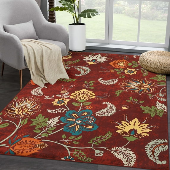 Shininglove Modern Indoor Floral Area Rugs 3' x 5' Oriental Washable Floor Mat for Living Room(Red)