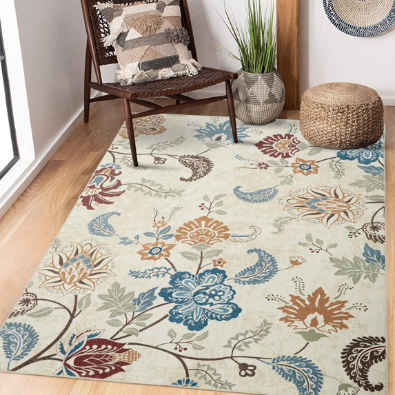 Shininglove Modern Indoor Floral Area Rugs 4' x 6' Oriental Washable Floor Mat for Bedroom(Beige)