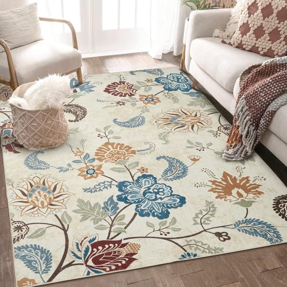 Shininglove Modern Indoor Floral Area Rugs 8' x 10' Large Oriental Washable Floor Mat for Living Room Bedroom(Beige)