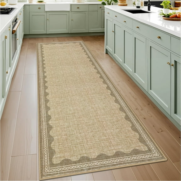 Tzou Modern Scalloped Border Washable Rugs 2' x 6', Non-Slip Low Pile Area Rug for Living Room, Machine Washable Stain Resistant Carpet