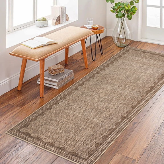 Tzou Modern Scalloped Border Washable Rugs 2' x 6', Non-Slip Low Pile Area Rug for Living Room, Machine Washable Stain Resistant Carpet
