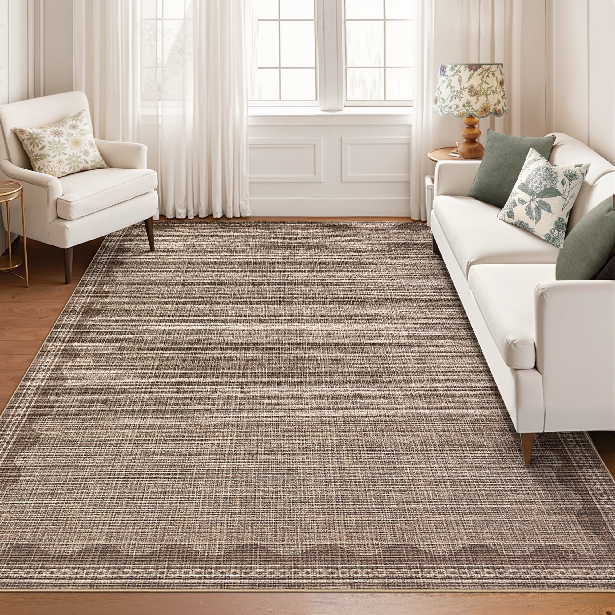 Tzou Modern Scalloped Border Washable Rugs 4' x 6', Non-Slip Low Pile Area Rug for Living Room, Machine Washable Stain Resistant Carpet