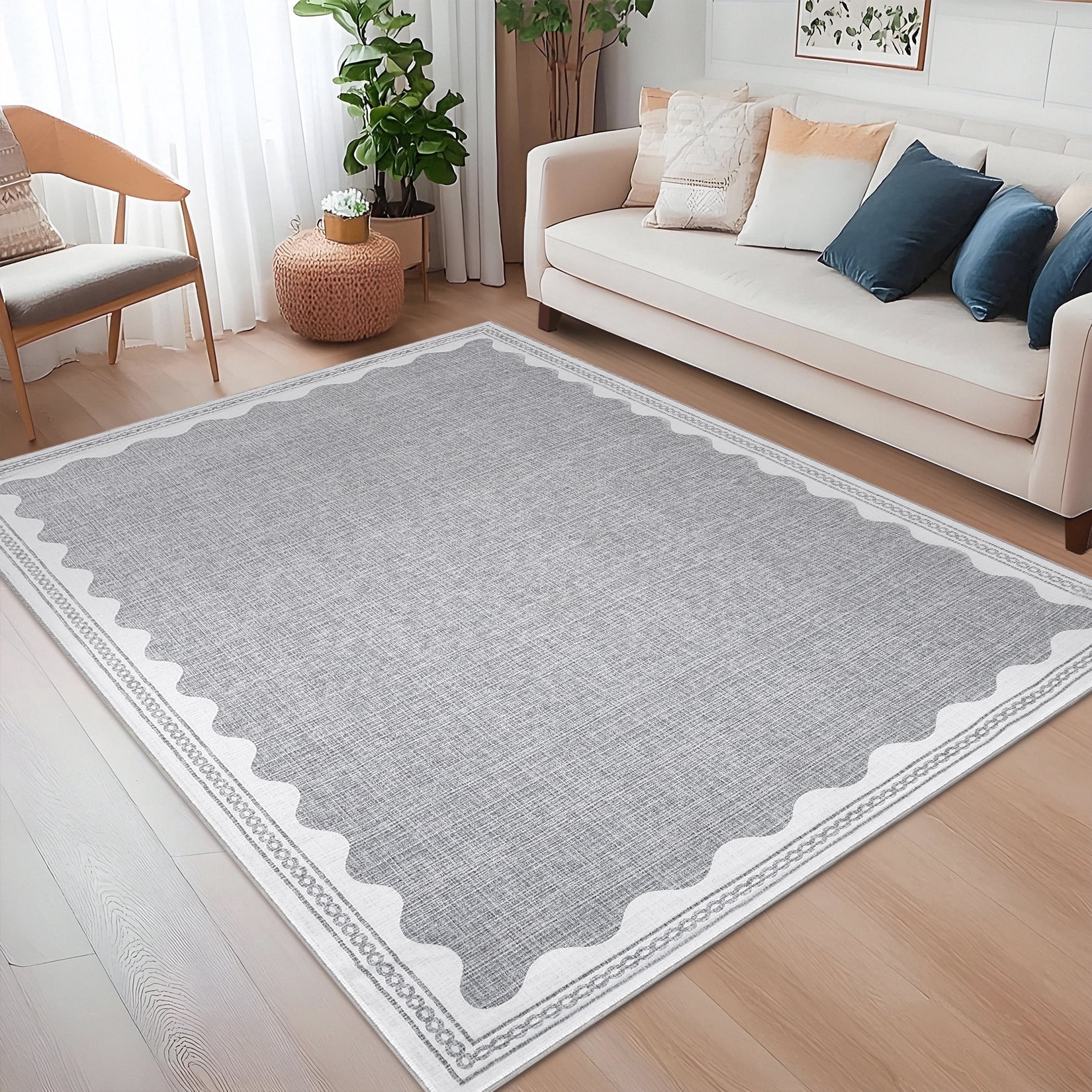 Tzou Modern Scalloped Border Washable Rugs 8' x 10', Non-Slip Low Pile Area Rug for Living Room, Machine Washable Stain Resistant Carpet