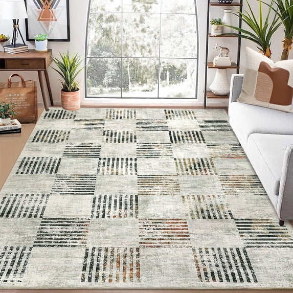 Tzou Modern Washable Area Rugs 10'x13' for Living Room, Large Soft Plaid Carpets Non-Slip, for Dining Room Bedroom