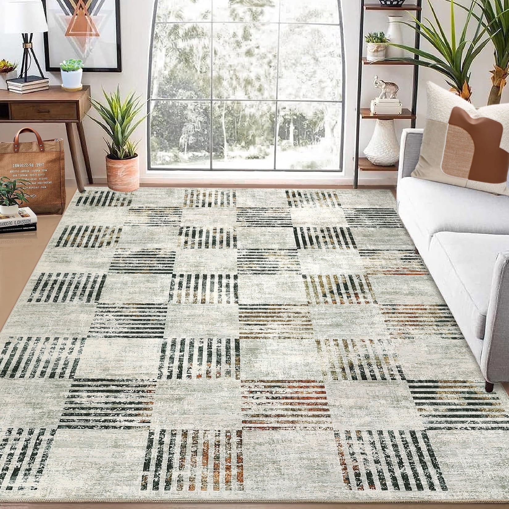 Tzou Modern Washable Area Rugs 9'x12' for Living Room, Large Soft Plaid Carpets Non-Slip, for Dining Room Bedroom