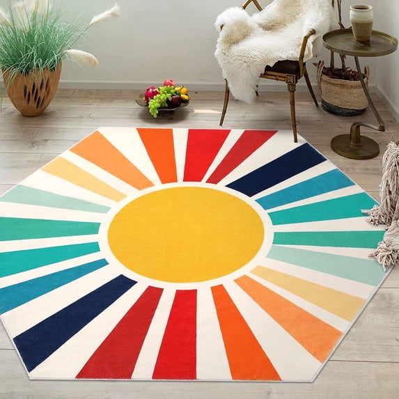 Tzou Morden Hexagon Colorful Floral Washable Area Rugs 4.6'x4' for Bedroom Living Room Children's Playroom