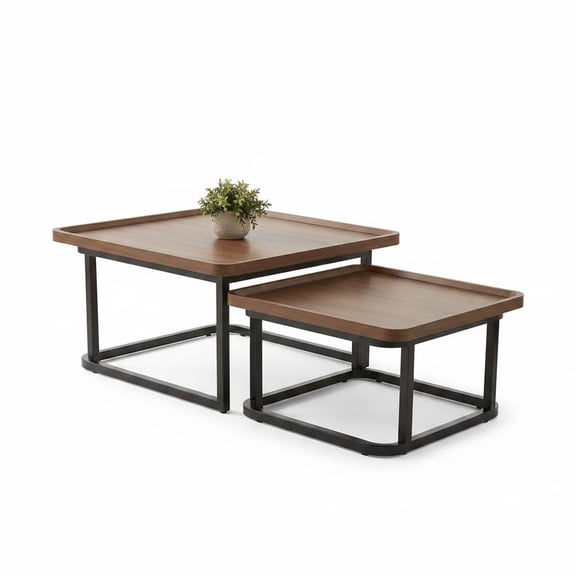 Tzou Nesting Coffee Table Set of 2 Square – Mid-Century Modern Fluted End Tables, Stackable Space-Saver for Living Room Bedroom Balcony, 23.6" & 19.7", MDF with Metal Legs