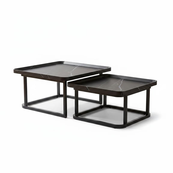 Tzou Nesting Coffee Table Set of 2 Square – Mid-Century Modern Fluted End Tables, Stackable Space-Saver for Living Room Bedroom Balcony, 23.6" & 19.7", MDF with Metal Legs