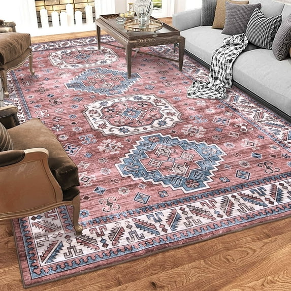 Tzou Persian Area Rug 3x5 Vintage Entryway Door Mat, Non Slip Floor Cover for Kitchen Bedroom Living Room, Pink